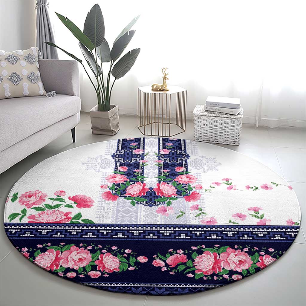 Navy Romanian National Costume Round Carpet Peony Flowers Traditional Folk Pattern - Wonder Print Shop