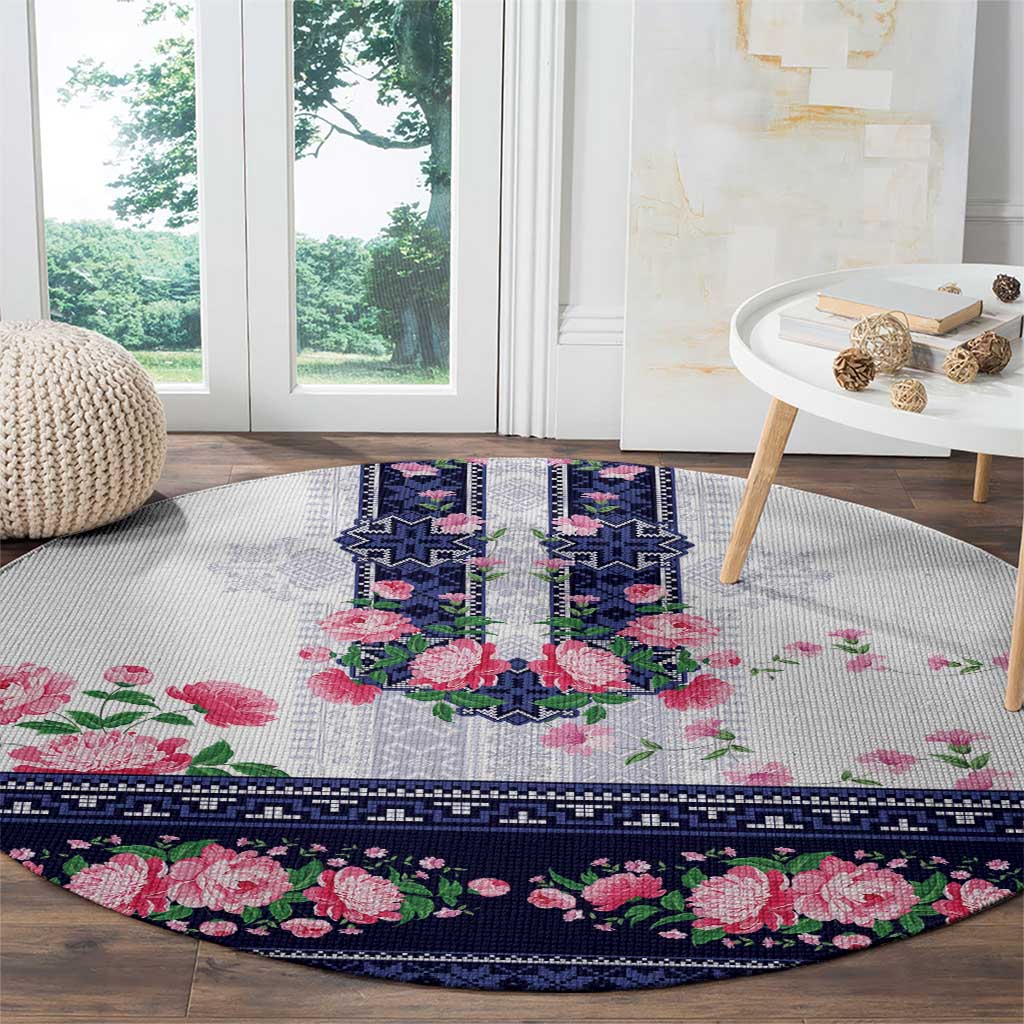 Navy Romanian National Costume Round Carpet Peony Flowers Traditional Folk Pattern - Wonder Print Shop