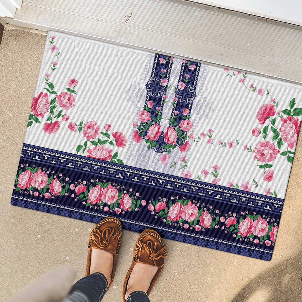 Navy Romanian National Costume Rubber Doormat Peony Flowers Traditional Folk Pattern - Wonder Print Shop