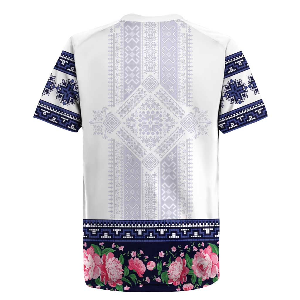 Navy Romanian National Costume Rugby Jersey Peony Flowers Traditional Folk Pattern - Wonder Print Shop