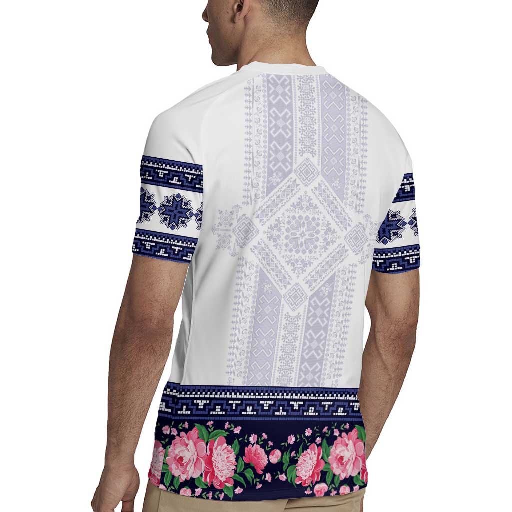 Navy Romanian National Costume Rugby Jersey Peony Flowers Traditional Folk Pattern - Wonder Print Shop