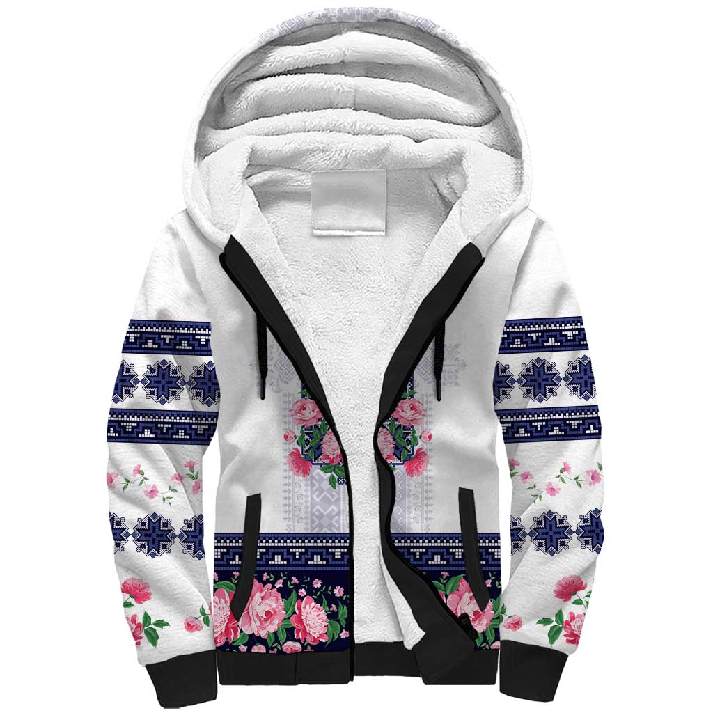 Navy Romanian National Costume Sherpa Hoodie Peony Flowers Traditional Folk Pattern - Wonder Print Shop