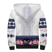 Navy Romanian National Costume Sherpa Hoodie Peony Flowers Traditional Folk Pattern - Wonder Print Shop