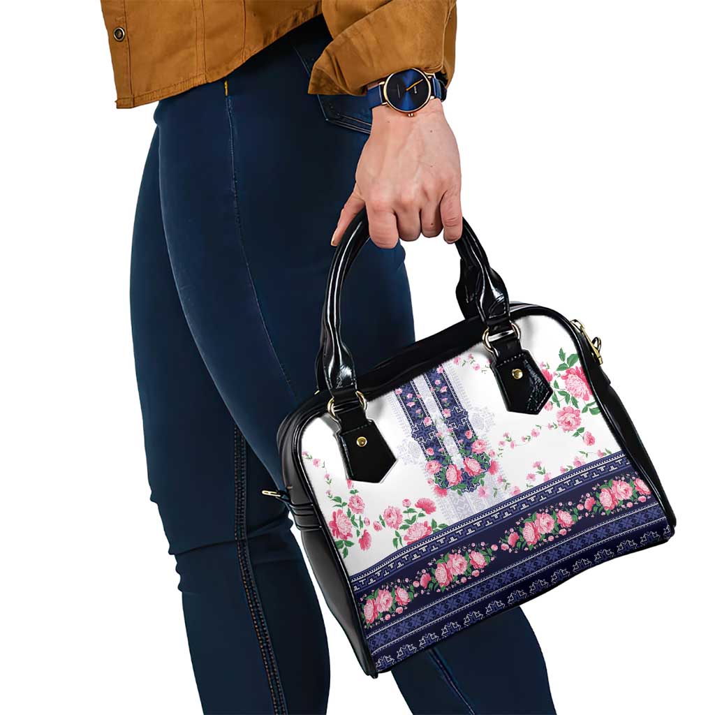 Navy Romanian National Costume Shoulder Handbag Peony Flowers Traditional Folk Pattern - Wonder Print Shop