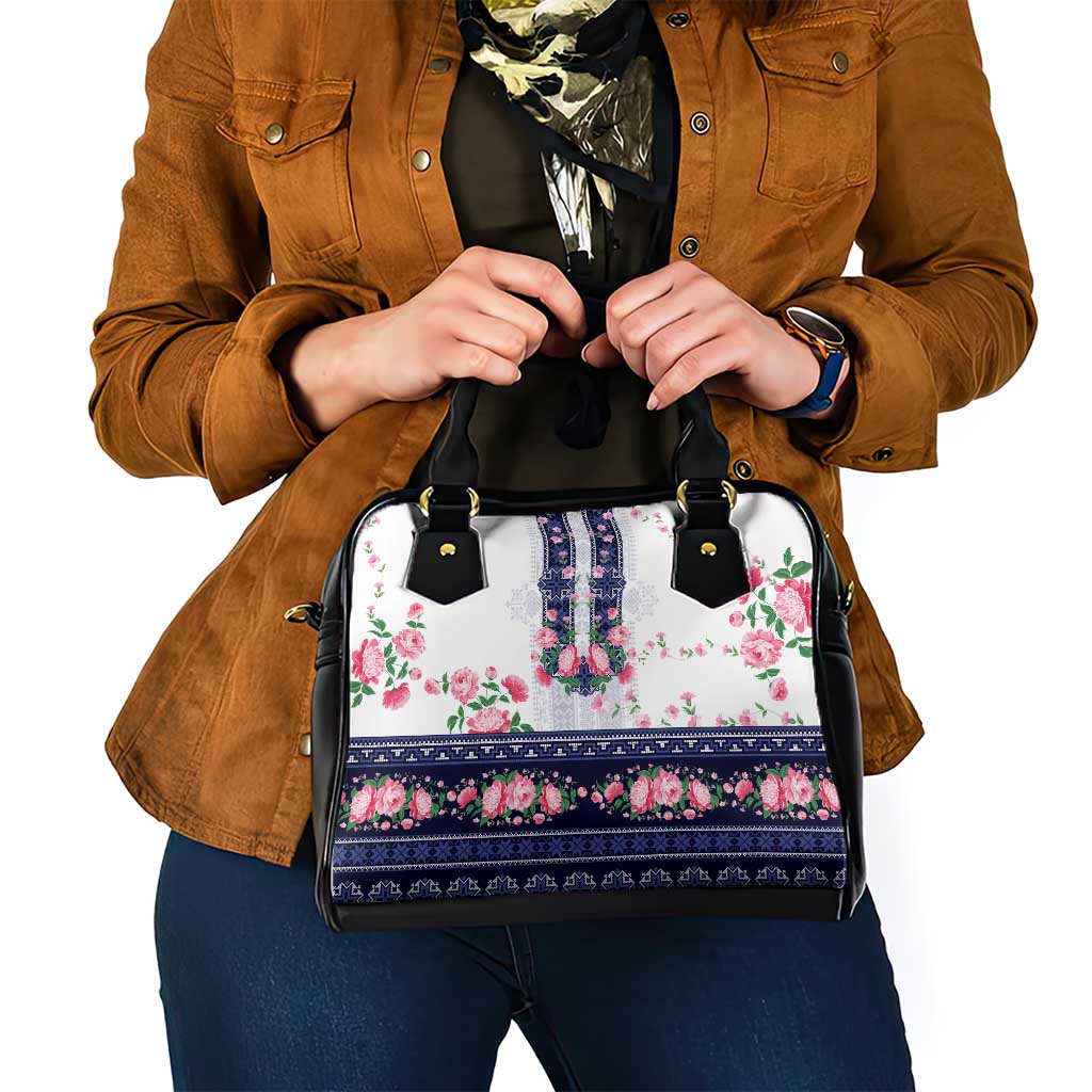 Navy Romanian National Costume Shoulder Handbag Peony Flowers Traditional Folk Pattern - Wonder Print Shop