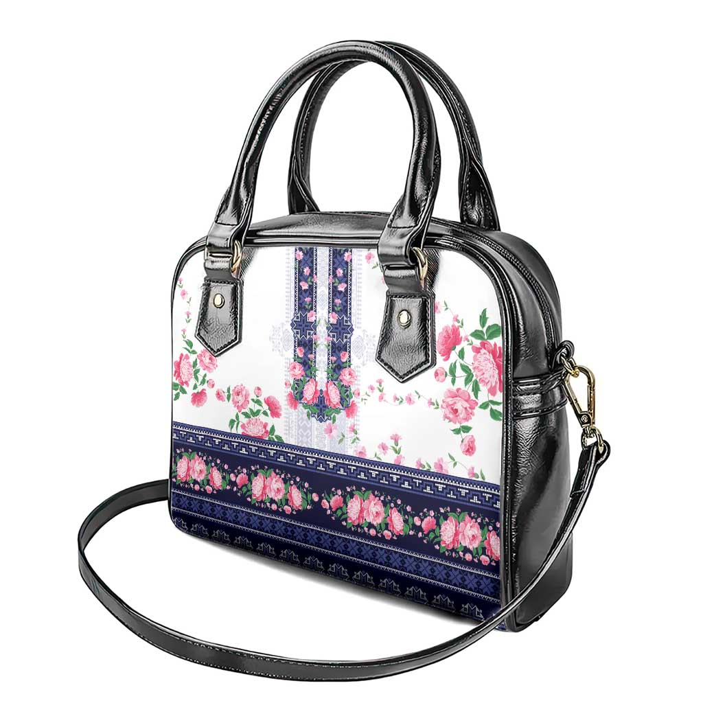 Navy Romanian National Costume Shoulder Handbag Peony Flowers Traditional Folk Pattern - Wonder Print Shop