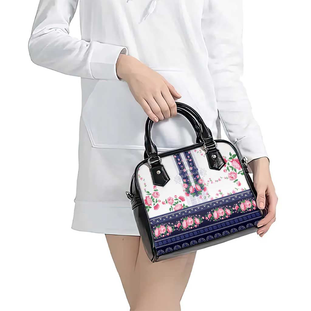 Navy Romanian National Costume Shoulder Handbag Peony Flowers Traditional Folk Pattern - Wonder Print Shop