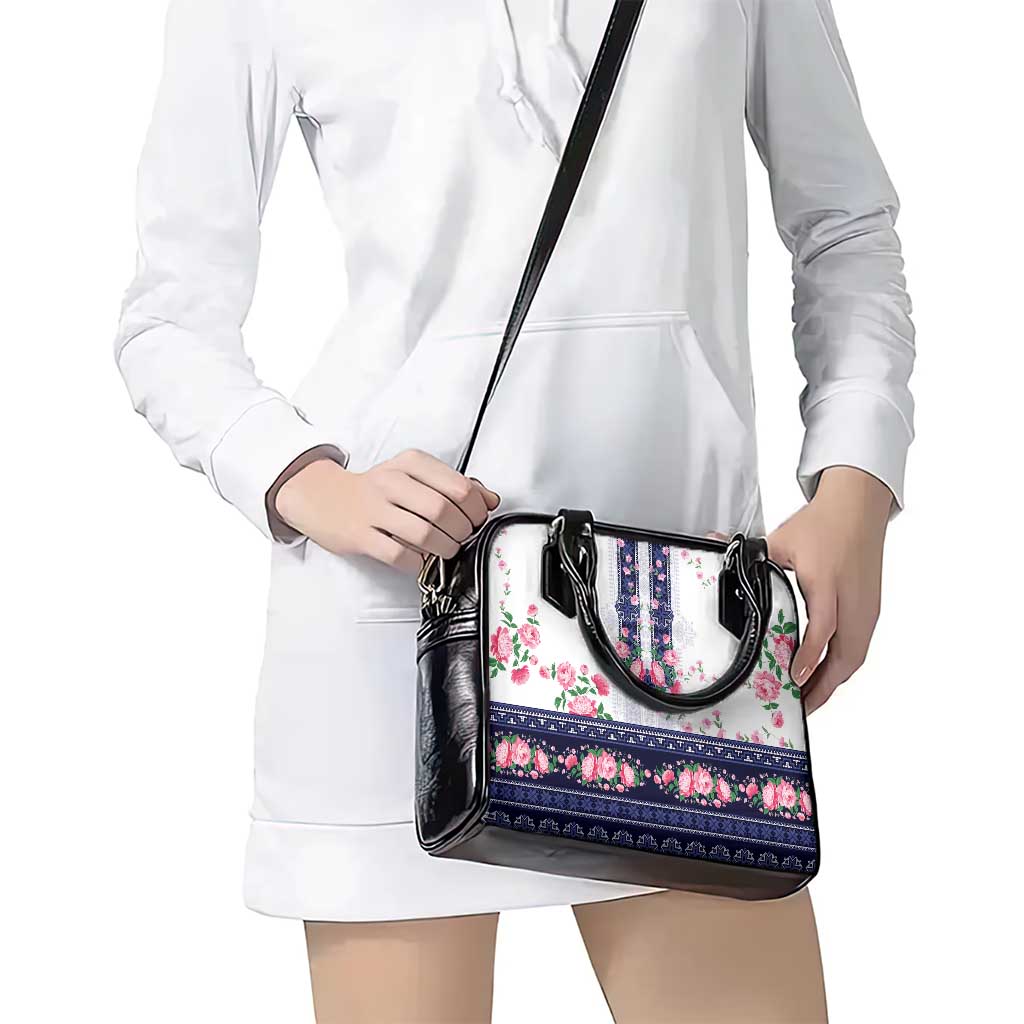 Navy Romanian National Costume Shoulder Handbag Peony Flowers Traditional Folk Pattern - Wonder Print Shop