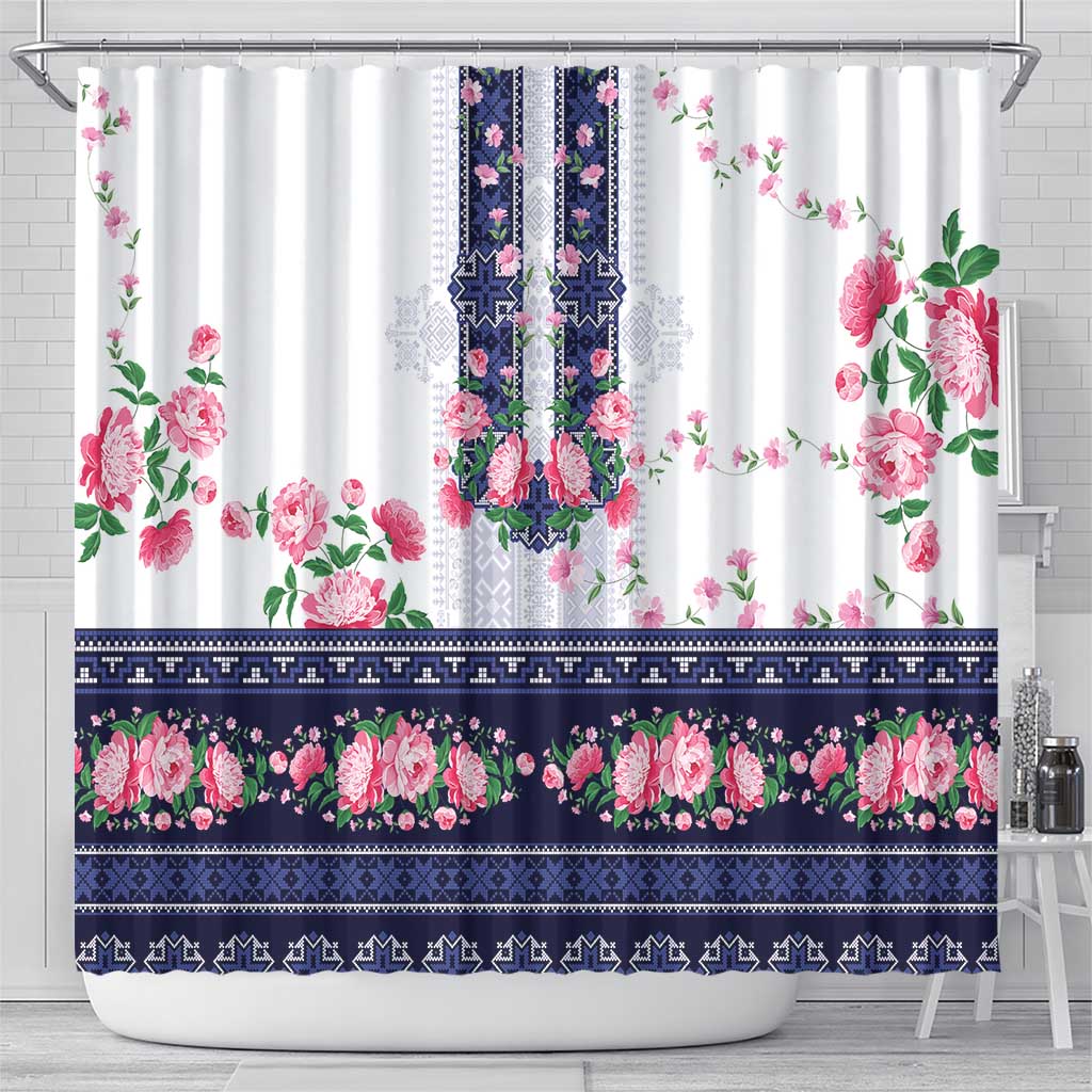 Navy Romanian National Costume Shower Curtain Peony Flowers Traditional Folk Pattern - Wonder Print Shop