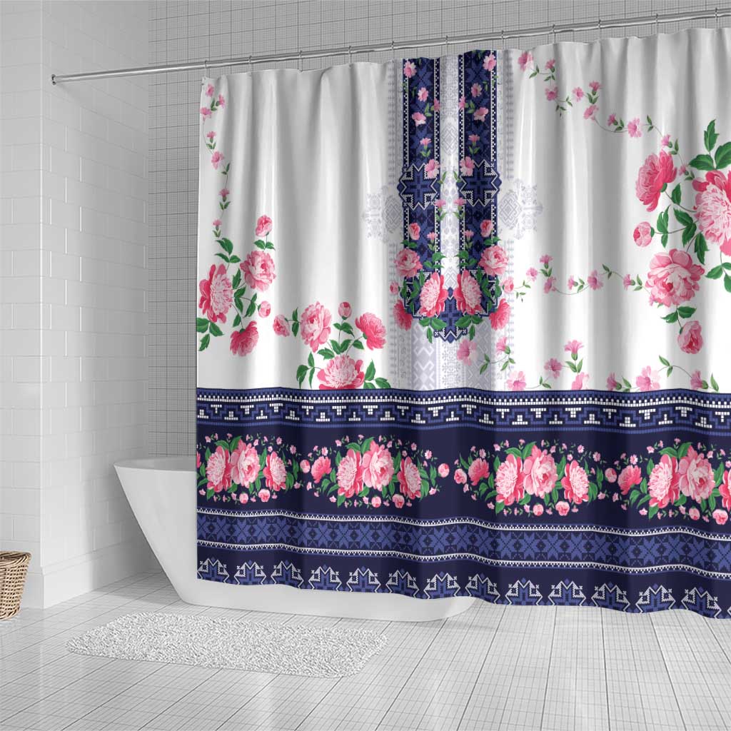 Navy Romanian National Costume Shower Curtain Peony Flowers Traditional Folk Pattern - Wonder Print Shop