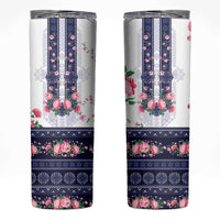 Navy Romanian National Costume Skinny Tumbler Peony Flowers Traditional Folk Pattern - Wonder Print Shop