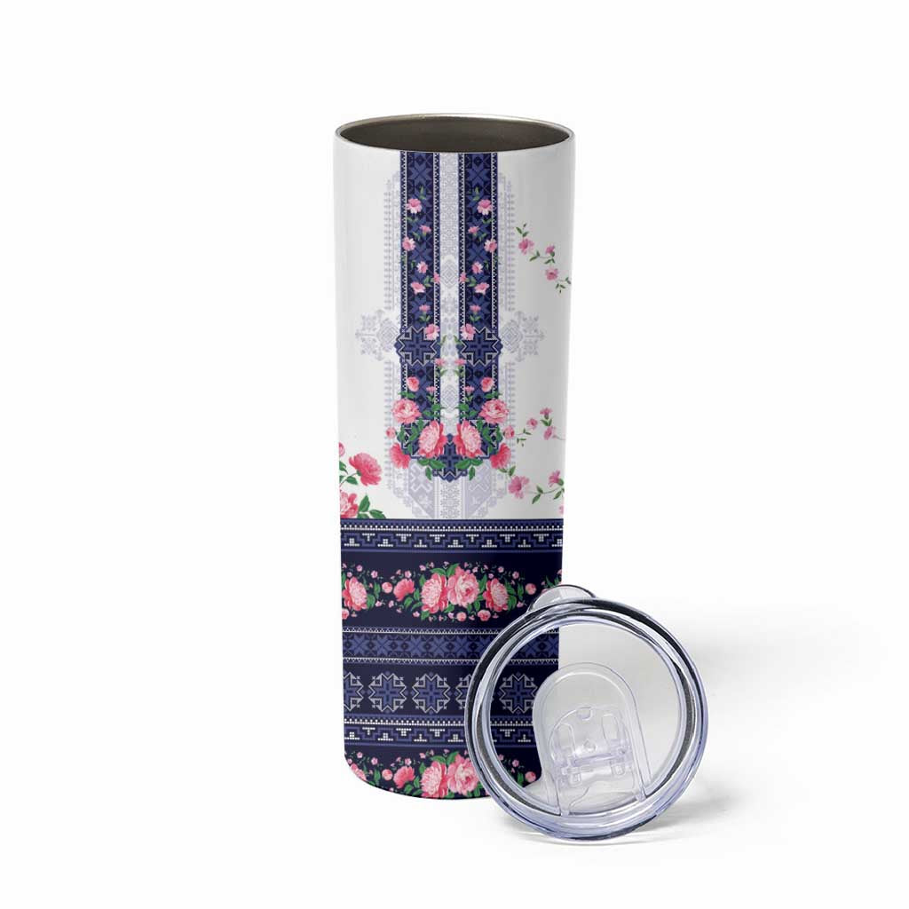 Navy Romanian National Costume Skinny Tumbler Peony Flowers Traditional Folk Pattern - Wonder Print Shop