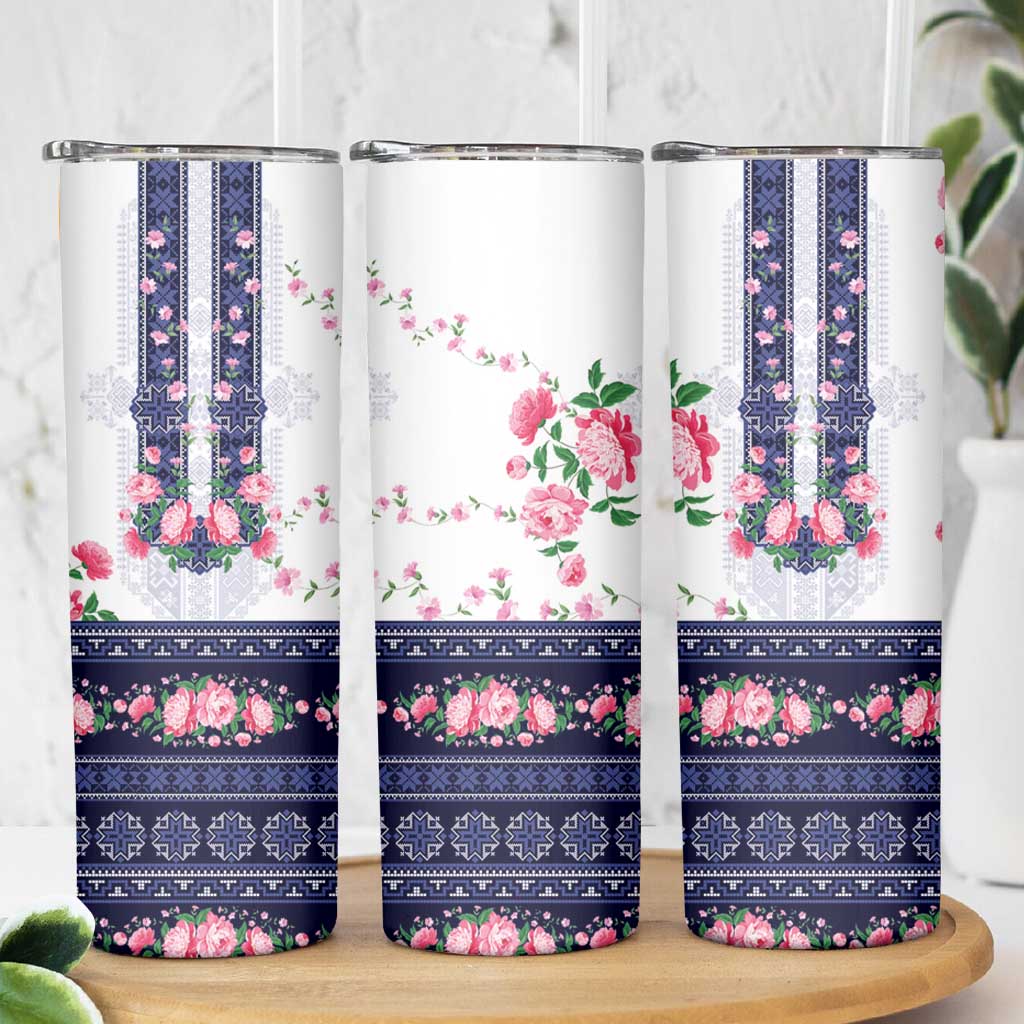Navy Romanian National Costume Skinny Tumbler Peony Flowers Traditional Folk Pattern - Wonder Print Shop