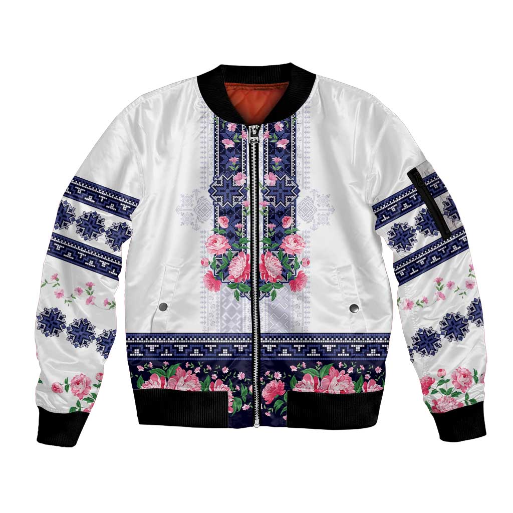 Navy Romanian National Costume Sleeve Zip Bomber Jacket Peony Flowers Traditional Folk Pattern - Wonder Print Shop