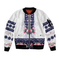 Navy Romanian National Costume Sleeve Zip Bomber Jacket Peony Flowers Traditional Folk Pattern - Wonder Print Shop