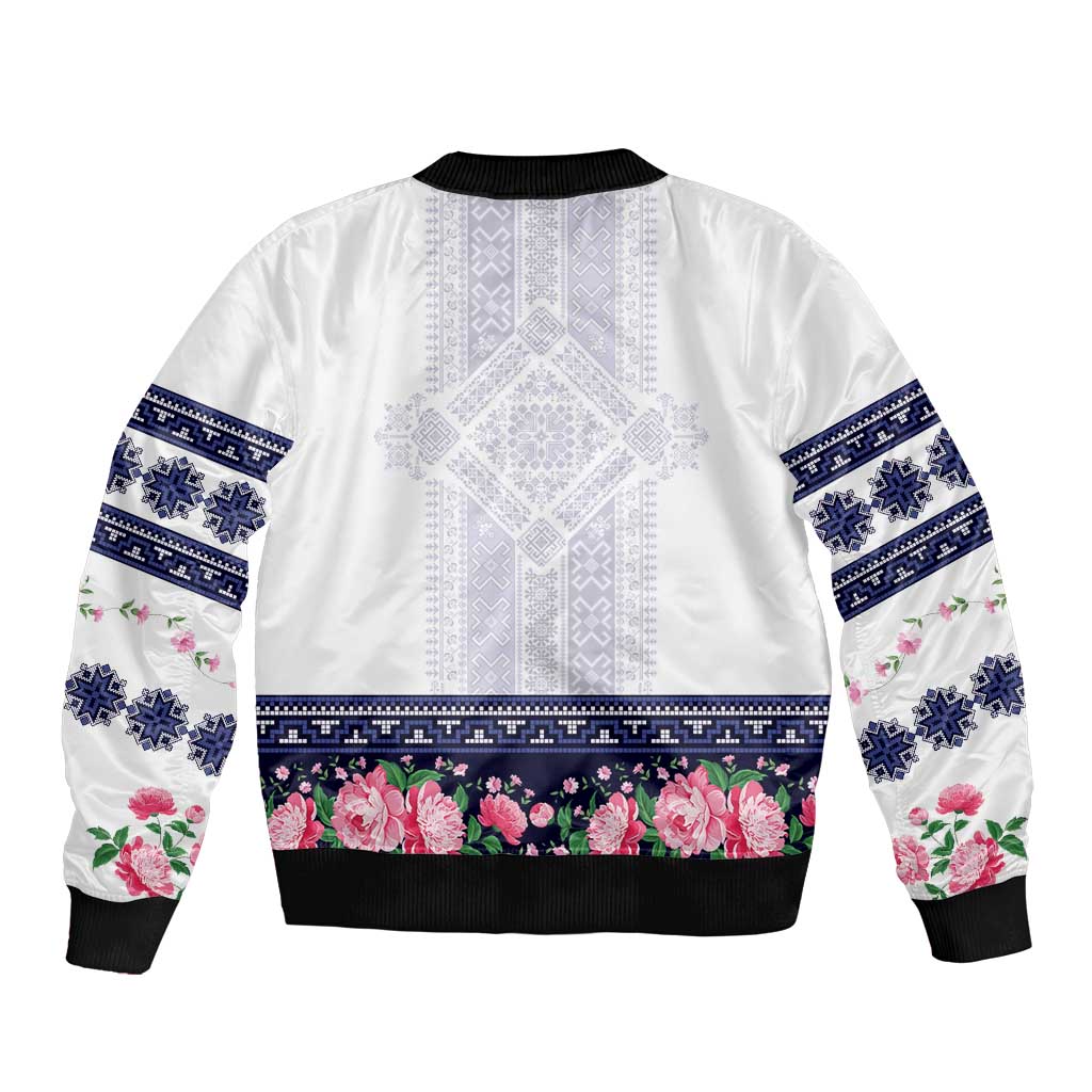 Navy Romanian National Costume Sleeve Zip Bomber Jacket Peony Flowers Traditional Folk Pattern - Wonder Print Shop