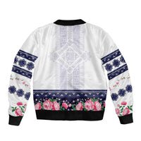 Navy Romanian National Costume Sleeve Zip Bomber Jacket Peony Flowers Traditional Folk Pattern - Wonder Print Shop