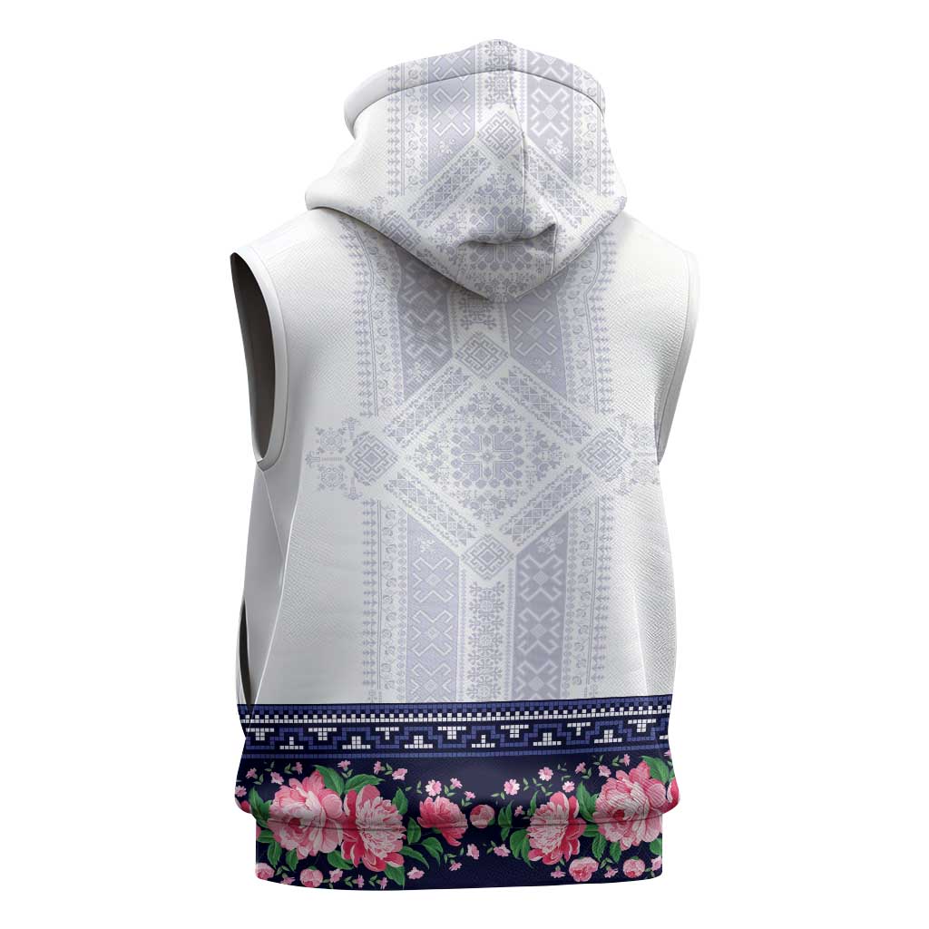 Navy Romanian National Costume Sleeveless Hoodie Peony Flowers Traditional Folk Pattern - Wonder Print Shop