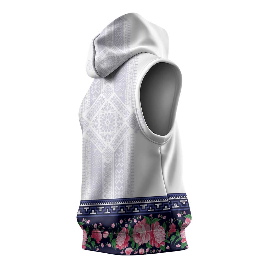 Navy Romanian National Costume Sleeveless Hoodie Peony Flowers Traditional Folk Pattern - Wonder Print Shop