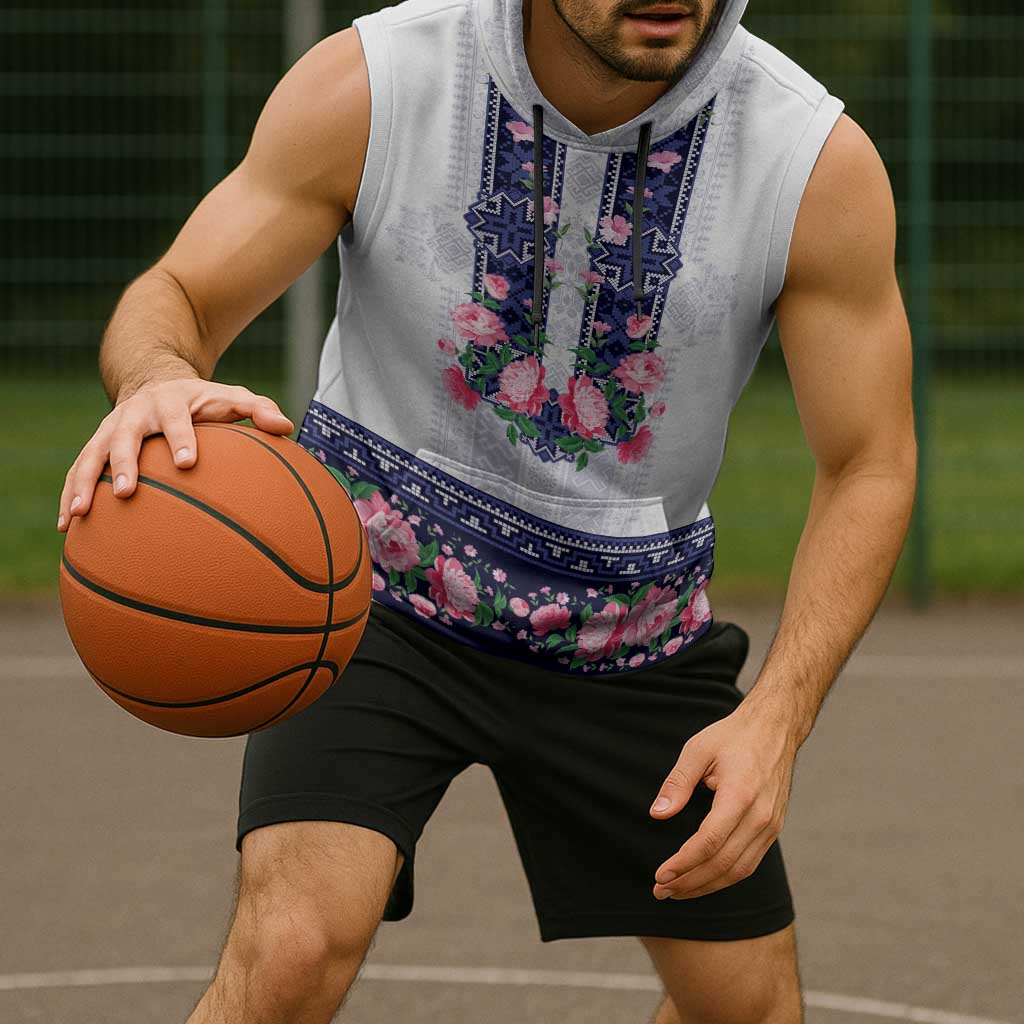 Navy Romanian National Costume Sleeveless Hoodie Peony Flowers Traditional Folk Pattern - Wonder Print Shop