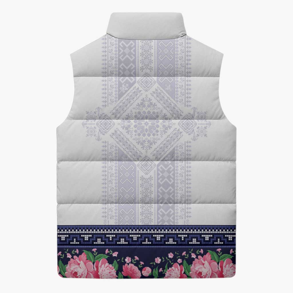 Navy Romanian National Costume Sleeveless Puffer Jacket Peony Flowers Traditional Folk Pattern - Wonder Print Shop