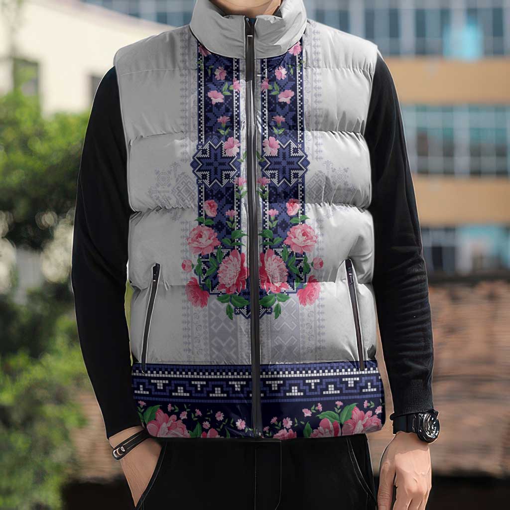 Navy Romanian National Costume Sleeveless Puffer Jacket Peony Flowers Traditional Folk Pattern - Wonder Print Shop