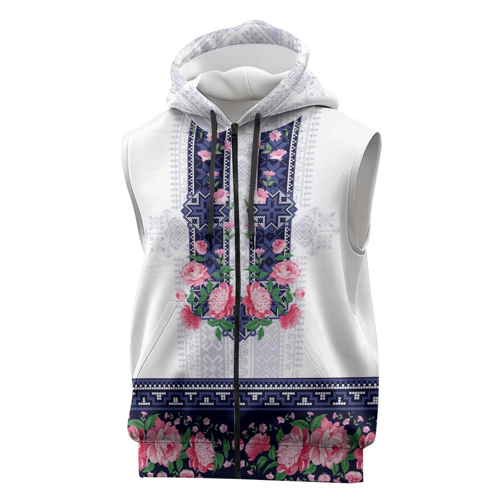 Navy Romanian National Costume Sleeveless Zip Hoodie Peony Flowers Traditional Folk Pattern - Wonder Print Shop