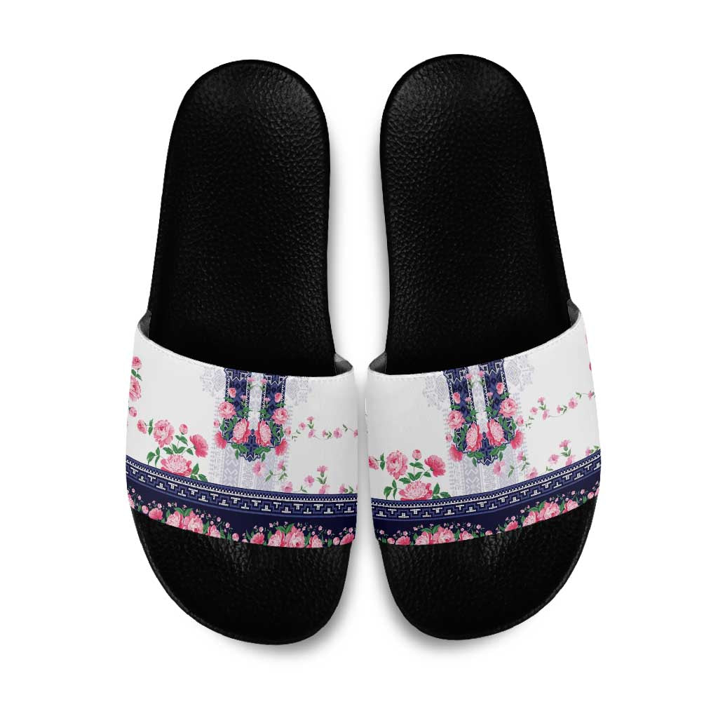 Navy Romanian National Costume Slide Sandals Peony Flowers Traditional Folk Pattern - Wonder Print Shop