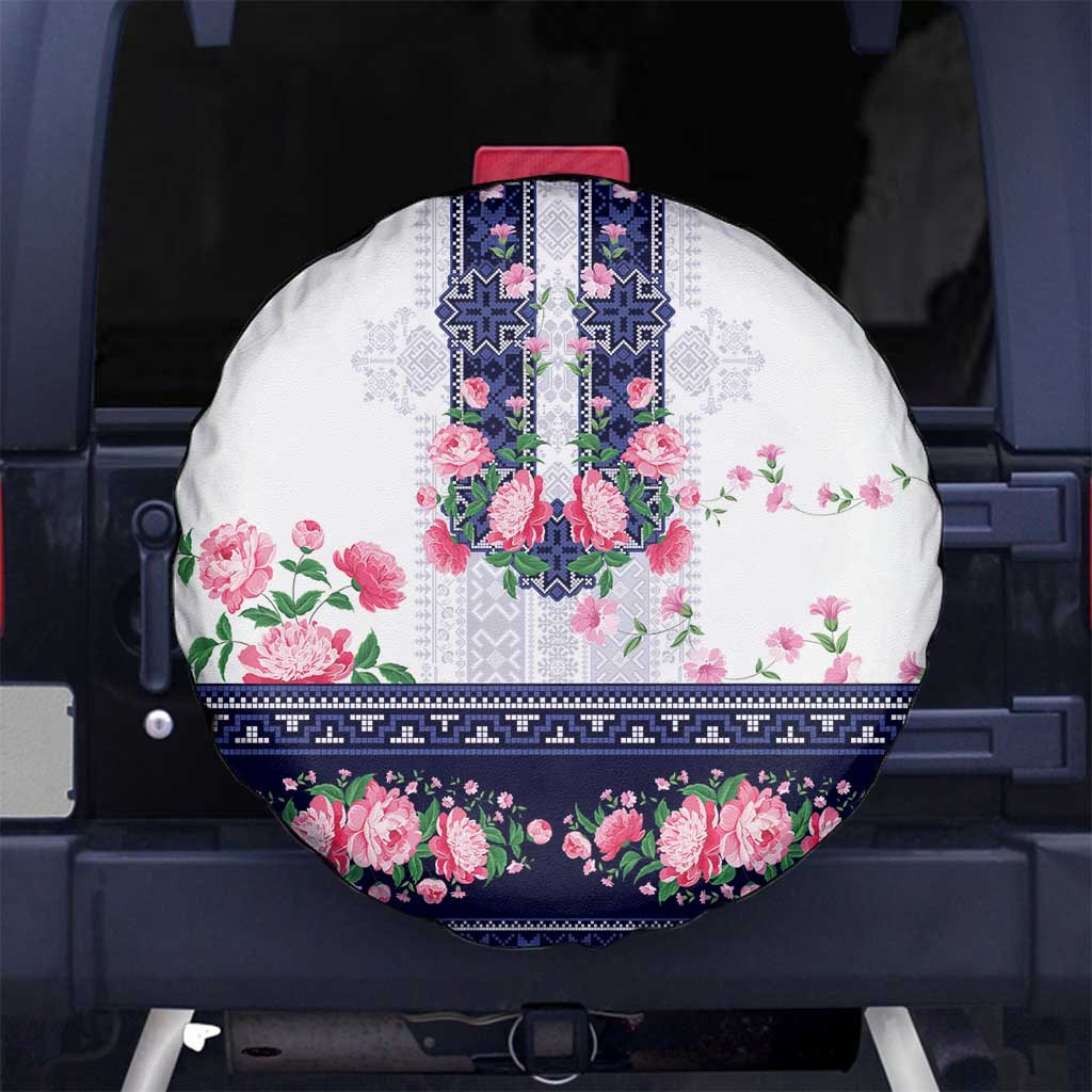 Navy Romanian National Costume Spare Tire Cover Peony Flowers Traditional Folk Pattern - Wonder Print Shop