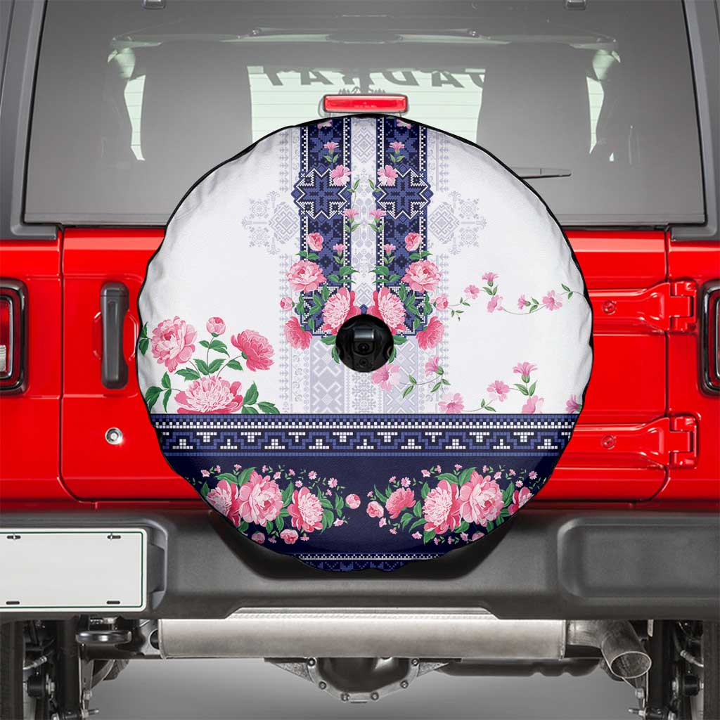 Navy Romanian National Costume Spare Tire Cover Peony Flowers Traditional Folk Pattern - Wonder Print Shop