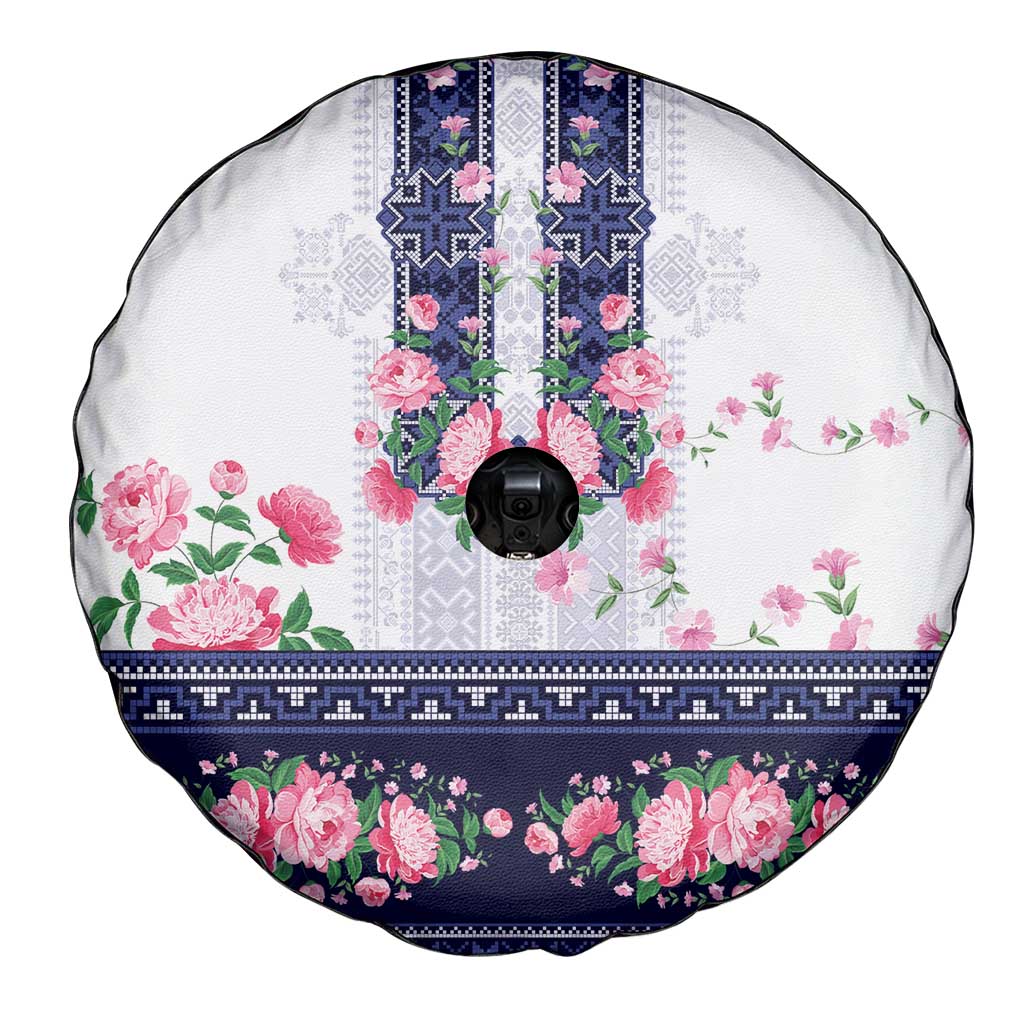 Navy Romanian National Costume Spare Tire Cover Peony Flowers Traditional Folk Pattern - Wonder Print Shop