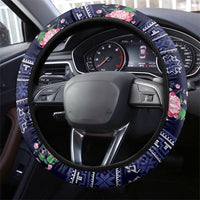 Navy Romanian National Costume Steering Wheel Cover Peony Flowers Traditional Folk Pattern - Wonder Print Shop
