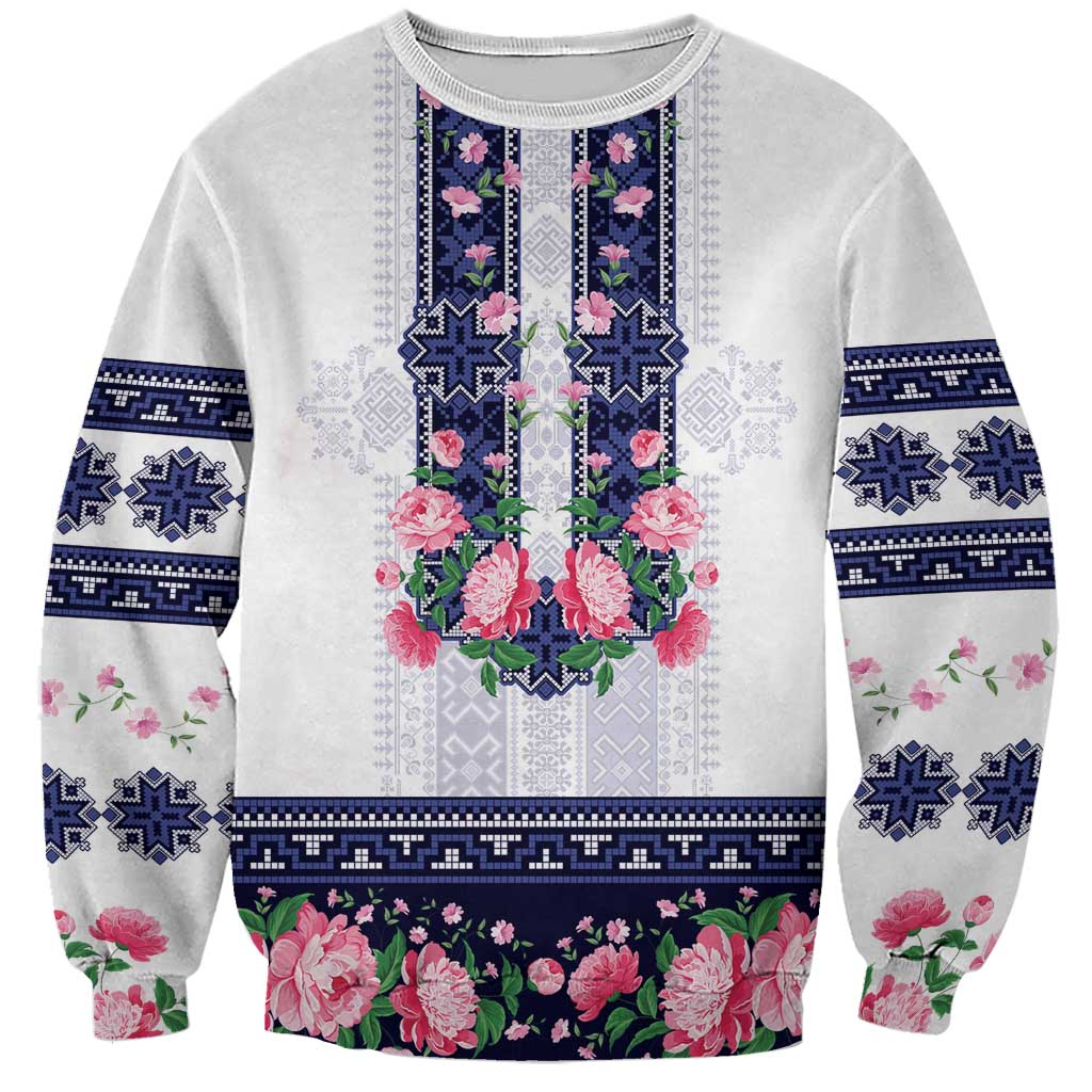 Navy Romanian National Costume Sweatshirt Peony Flowers Traditional Folk Pattern - Wonder Print Shop