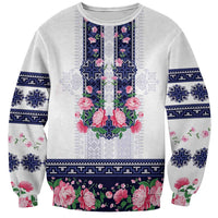 Navy Romanian National Costume Sweatshirt Peony Flowers Traditional Folk Pattern - Wonder Print Shop