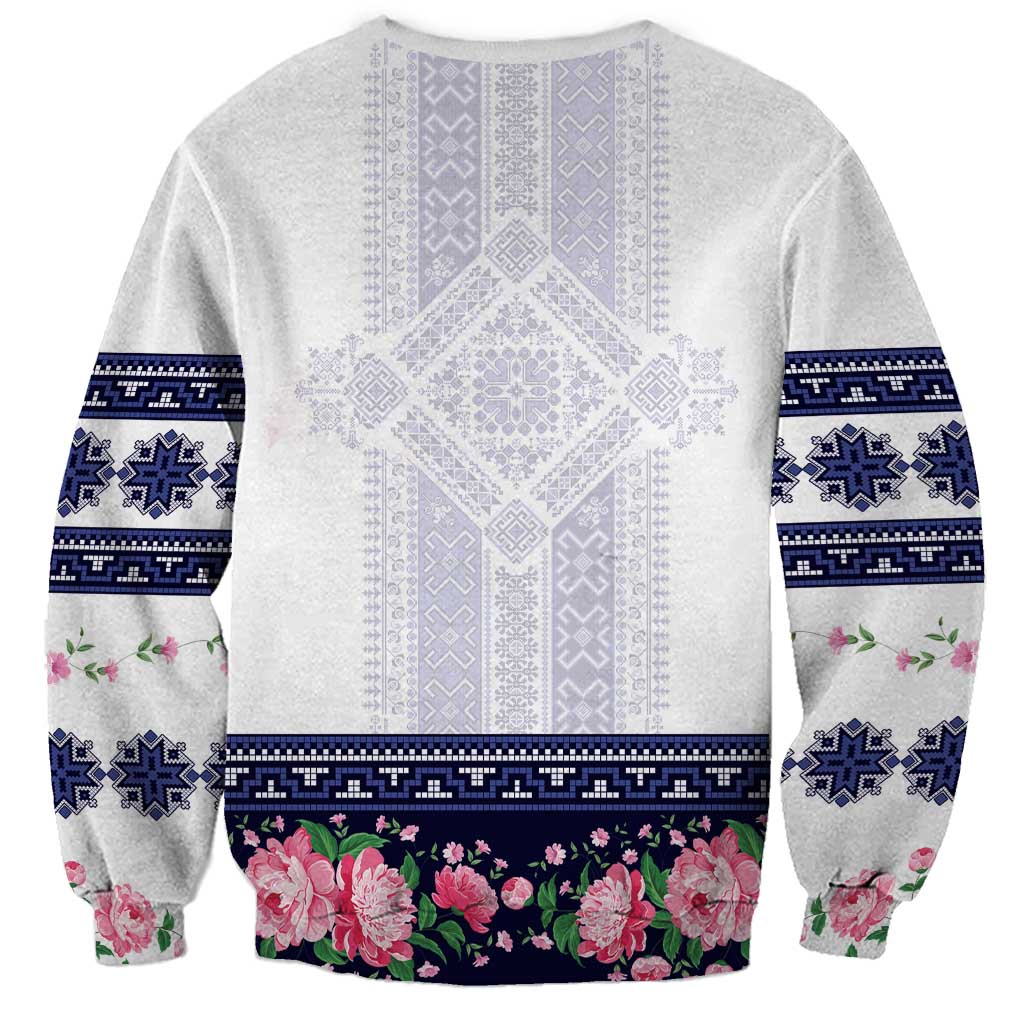 Navy Romanian National Costume Sweatshirt Peony Flowers Traditional Folk Pattern - Wonder Print Shop