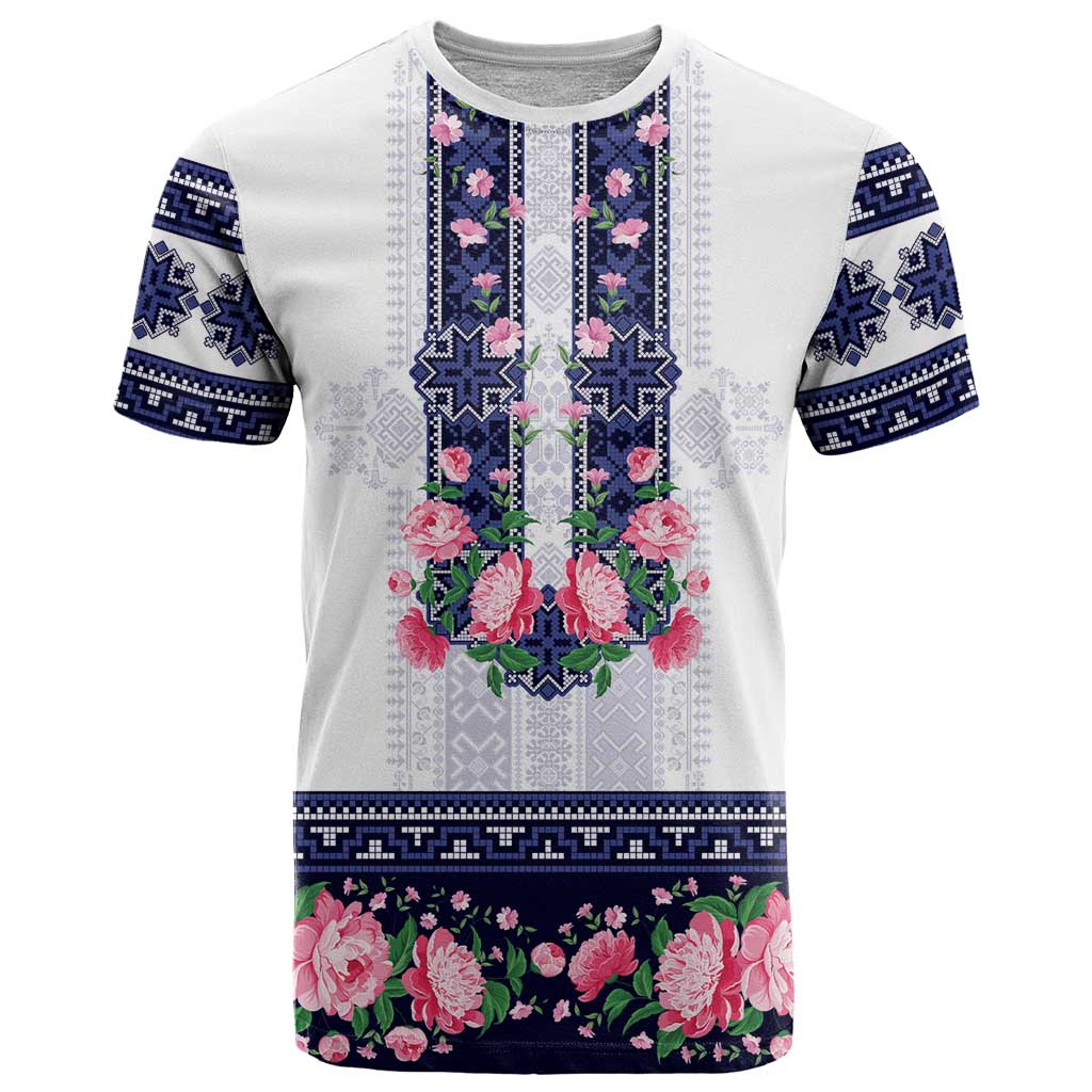 Navy Romanian National Costume T Shirt Peony Flowers Traditional Folk Pattern - Wonder Print Shop