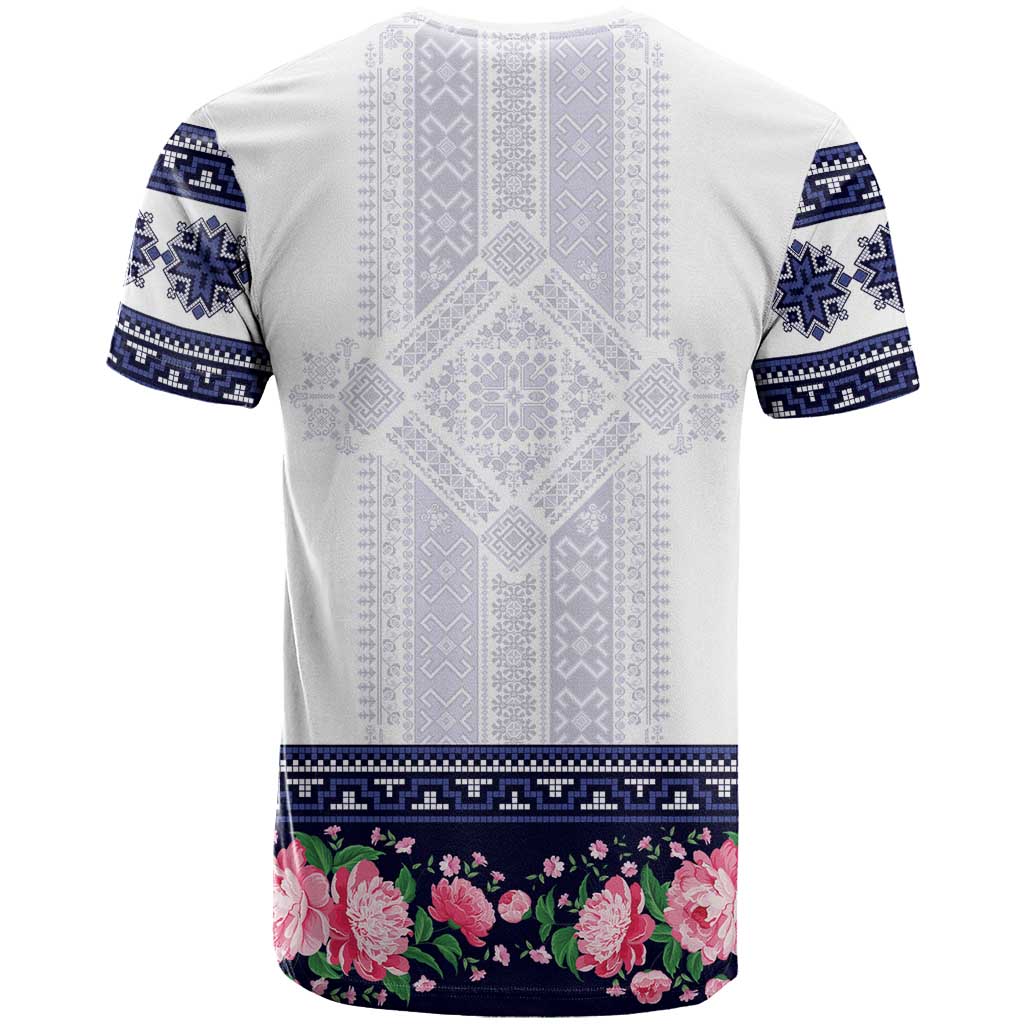 Navy Romanian National Costume T Shirt Peony Flowers Traditional Folk Pattern - Wonder Print Shop