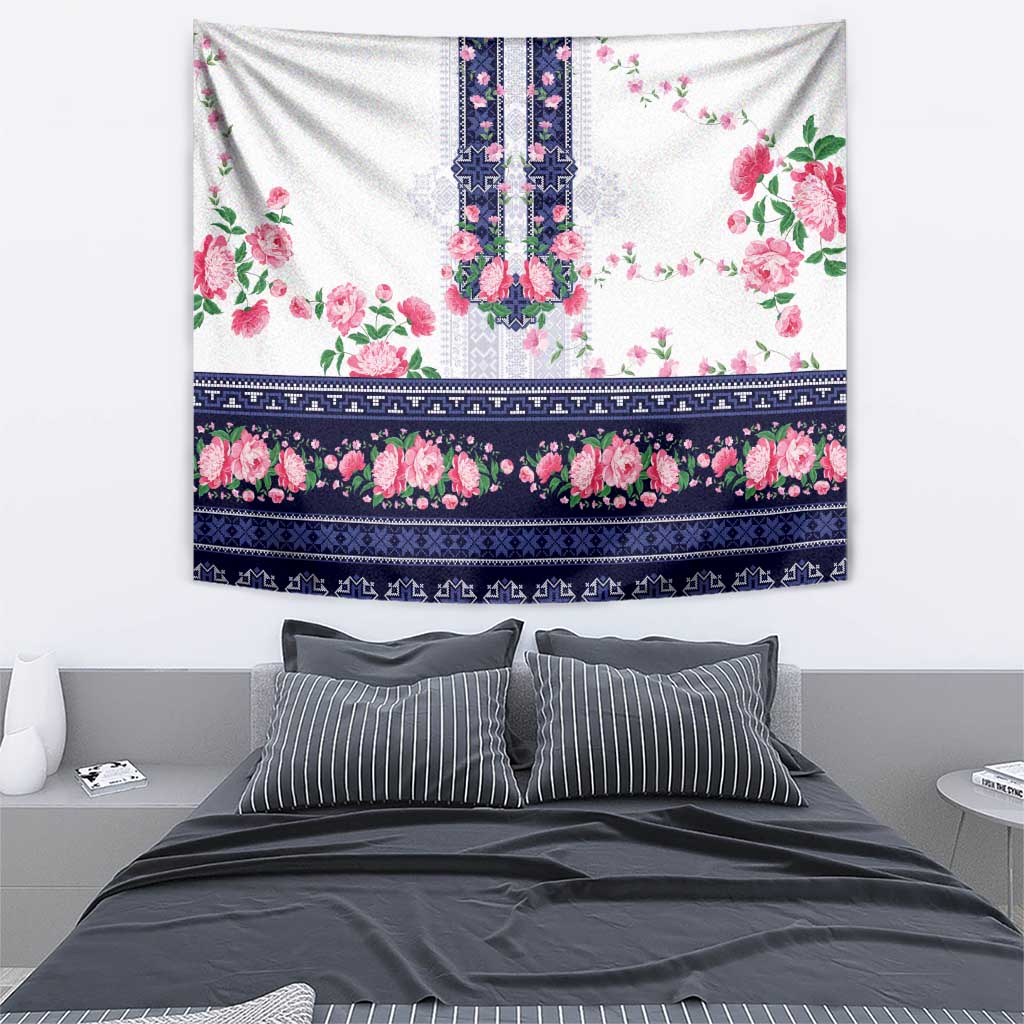 Navy Romanian National Costume Tapestry Peony Flowers Traditional Folk Pattern - Wonder Print Shop