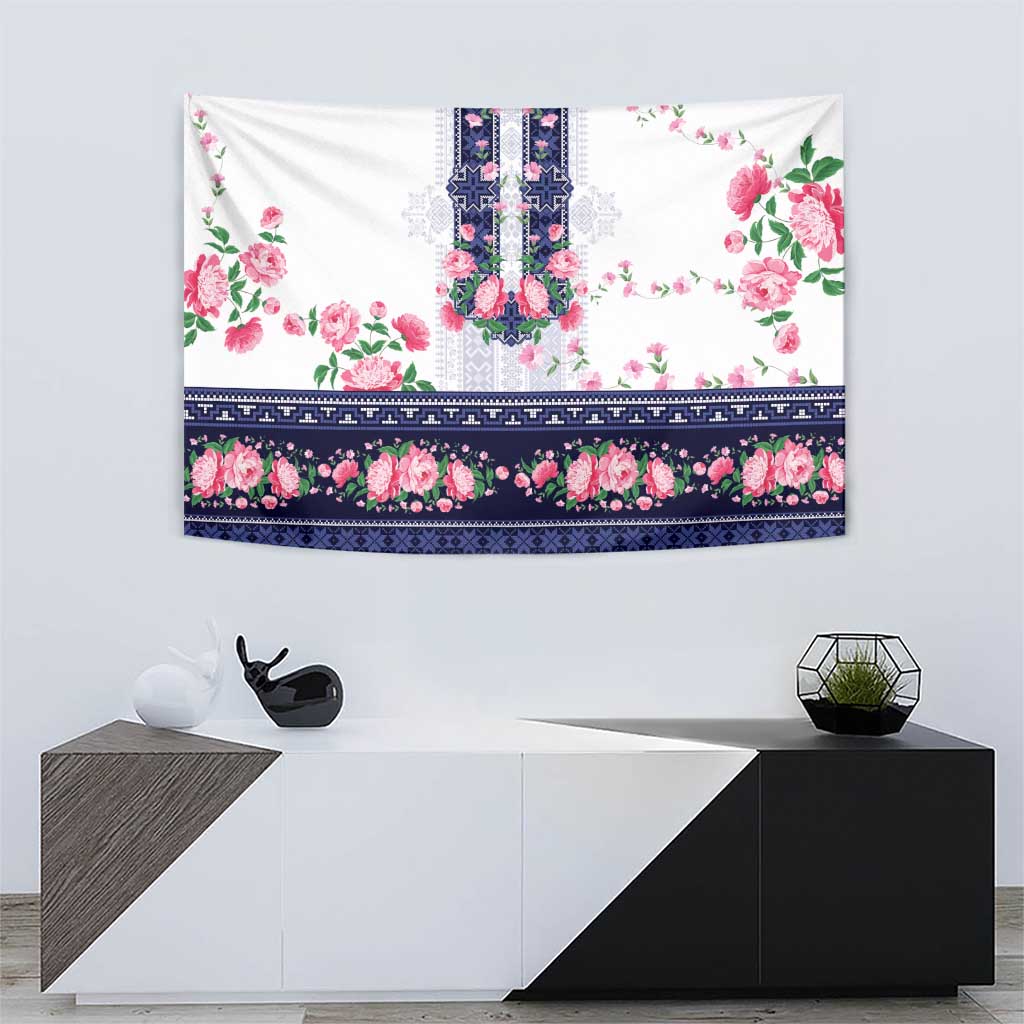Navy Romanian National Costume Tapestry Peony Flowers Traditional Folk Pattern - Wonder Print Shop