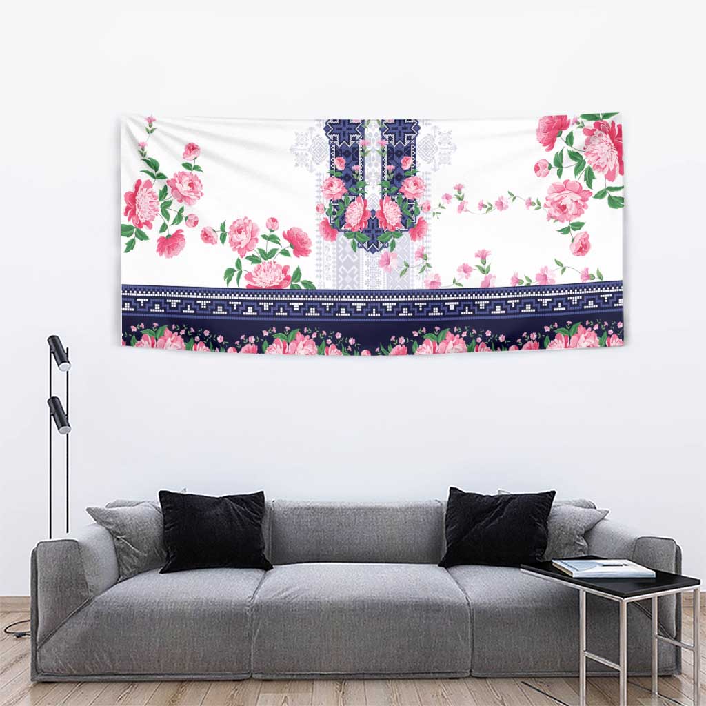 Navy Romanian National Costume Tapestry Peony Flowers Traditional Folk Pattern - Wonder Print Shop