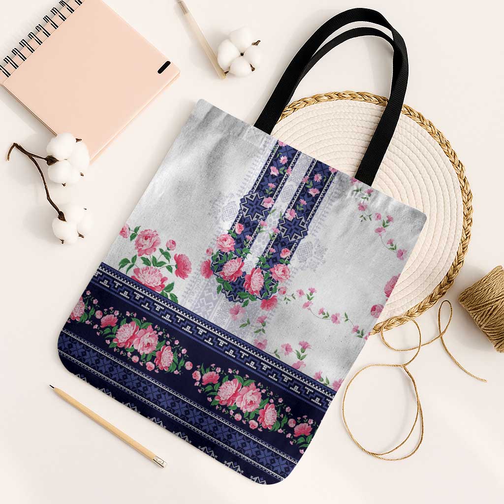 Navy Romanian National Costume Tote Bag Peony Flowers Traditional Folk Pattern - Wonder Print Shop