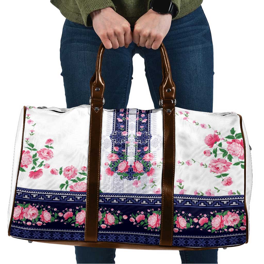 Navy Romanian National Costume Travel Bag Peony Flowers Traditional Folk Pattern - Wonder Print Shop