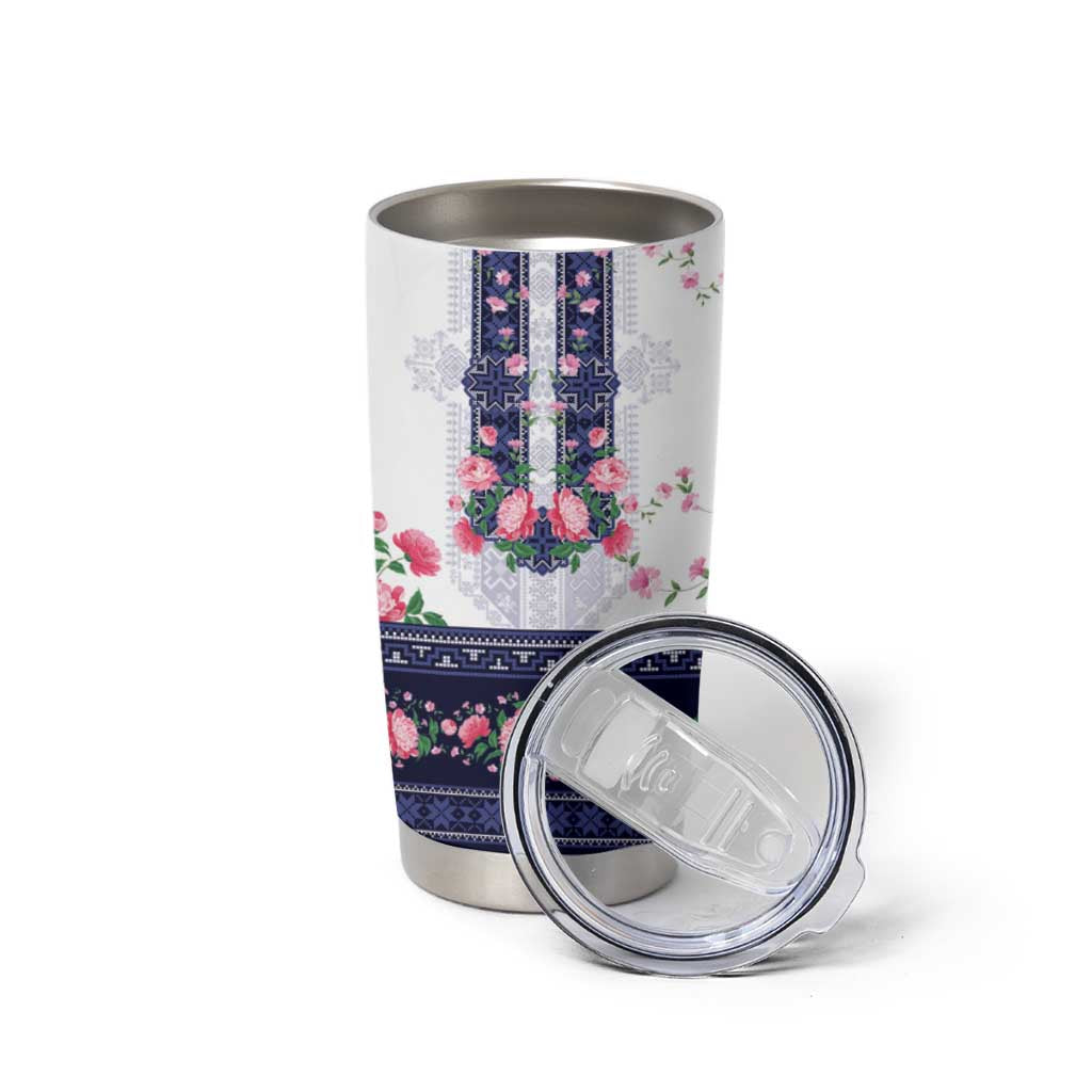 Navy Romanian National Costume Tumbler Cup Peony Flowers Traditional Folk Pattern - Wonder Print Shop