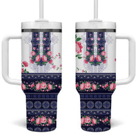 Navy Romanian National Costume Tumbler With Handle Peony Flowers Traditional Folk Pattern - Wonder Print Shop