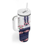 Navy Romanian National Costume Tumbler With Handle Peony Flowers Traditional Folk Pattern - Wonder Print Shop