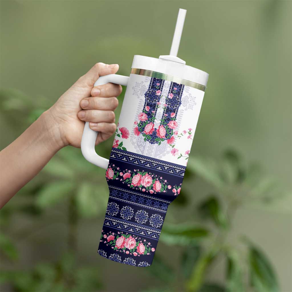 Navy Romanian National Costume Tumbler With Handle Peony Flowers Traditional Folk Pattern - Wonder Print Shop