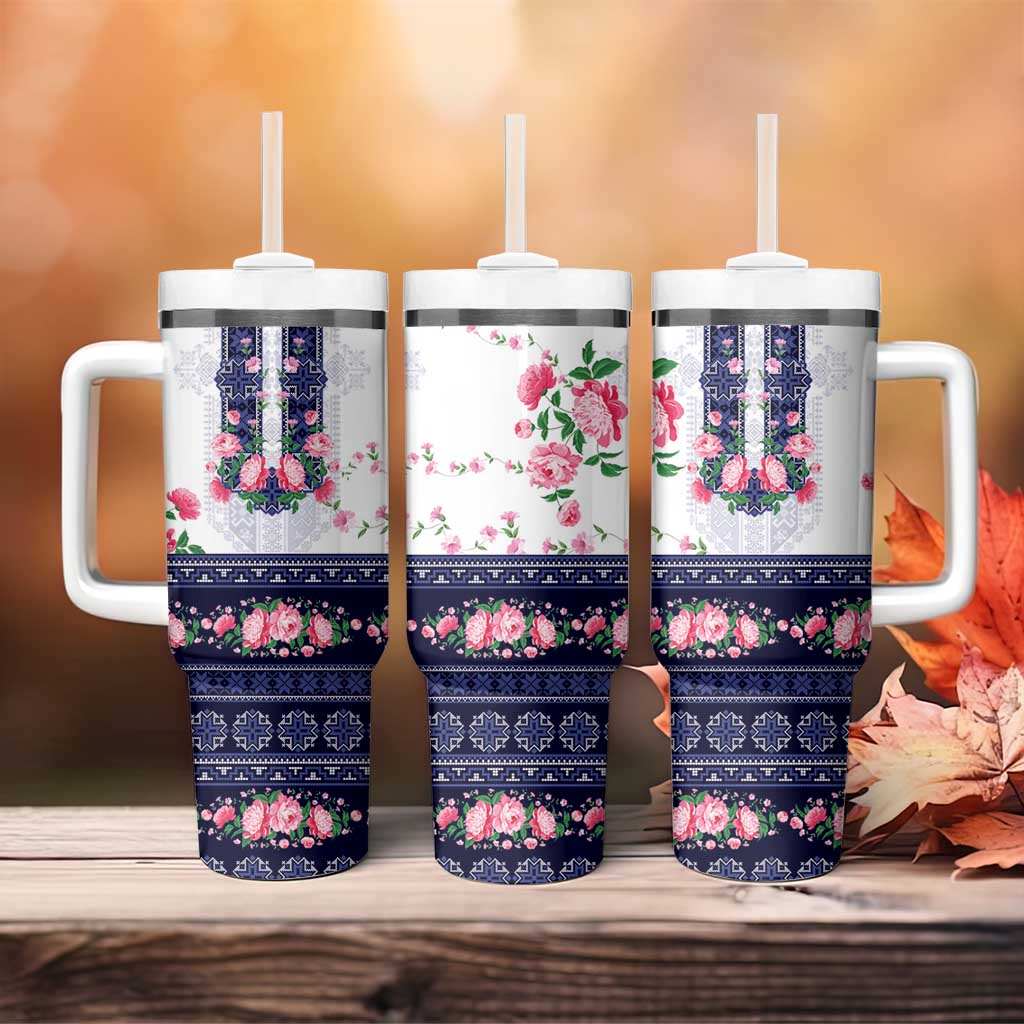 Navy Romanian National Costume Tumbler With Handle Peony Flowers Traditional Folk Pattern - Wonder Print Shop