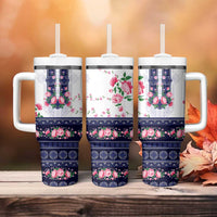 Navy Romanian National Costume Tumbler With Handle Peony Flowers Traditional Folk Pattern - Wonder Print Shop