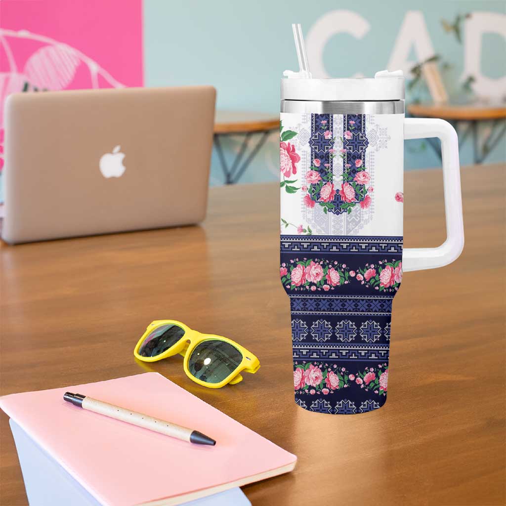 Navy Romanian National Costume Tumbler With Handle Peony Flowers Traditional Folk Pattern - Wonder Print Shop