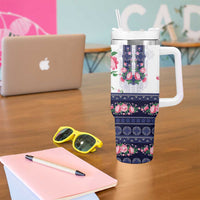 Navy Romanian National Costume Tumbler With Handle Peony Flowers Traditional Folk Pattern - Wonder Print Shop